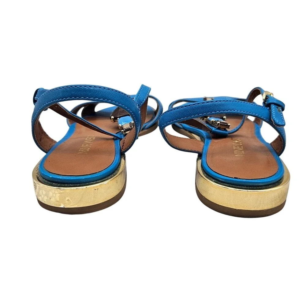 Nine West NWXYLIA Blue Leather Embellished‎ T-Strap Flat Sandals Gold Heel 6M